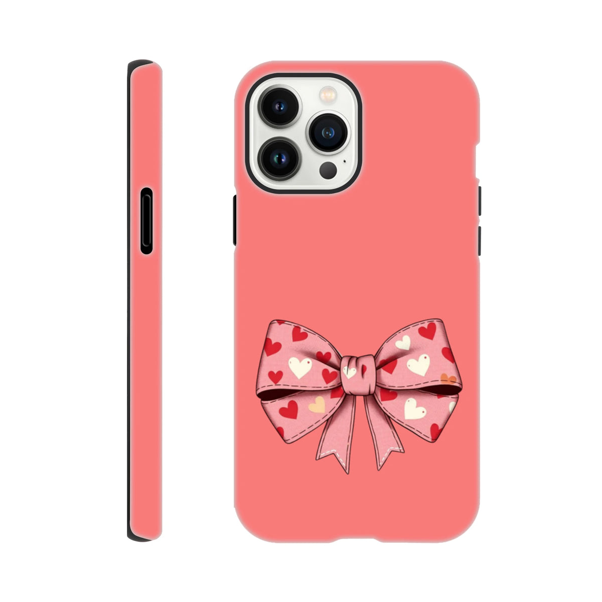 Pink iPhone case featuring a coquette style bow pattern filled with red and white hearts on a coral background.