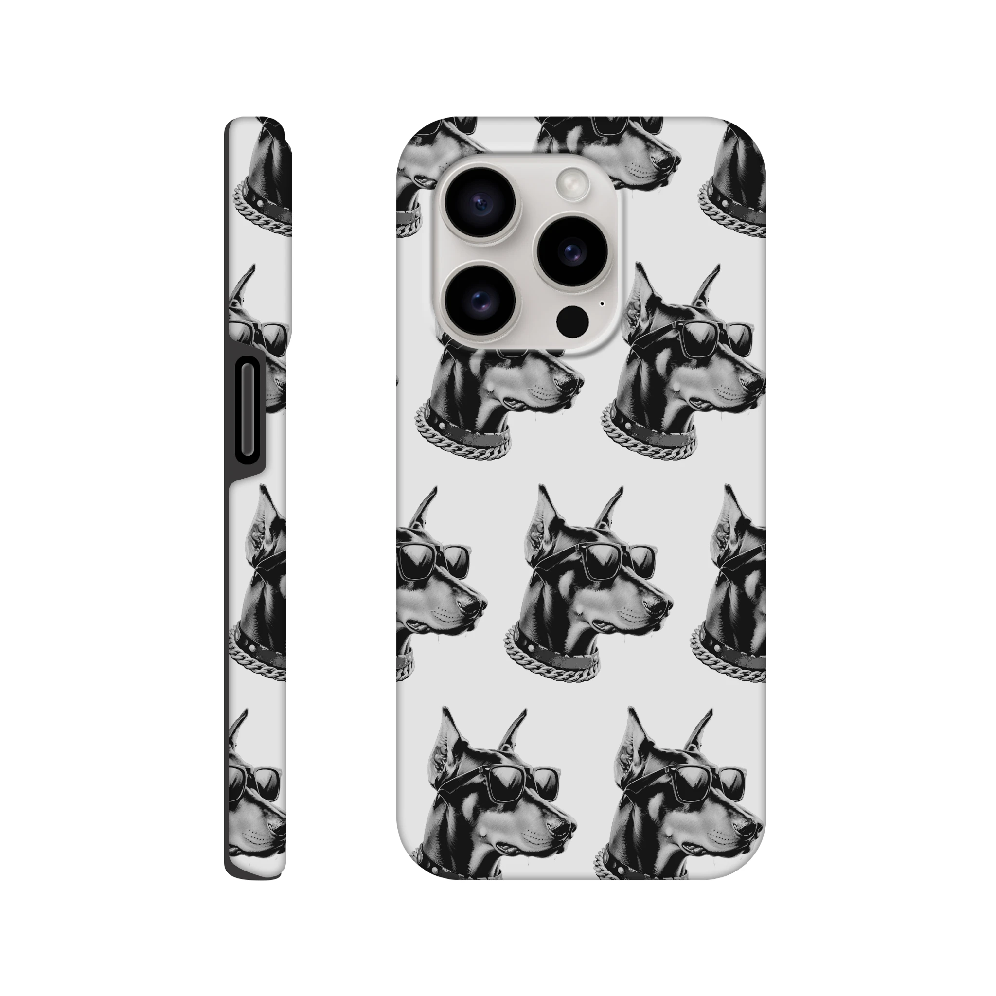 Gangster dog wraparound phone case for iPhone 13-16; dual-layer protection, glossy finish, dogs in sunglasses.