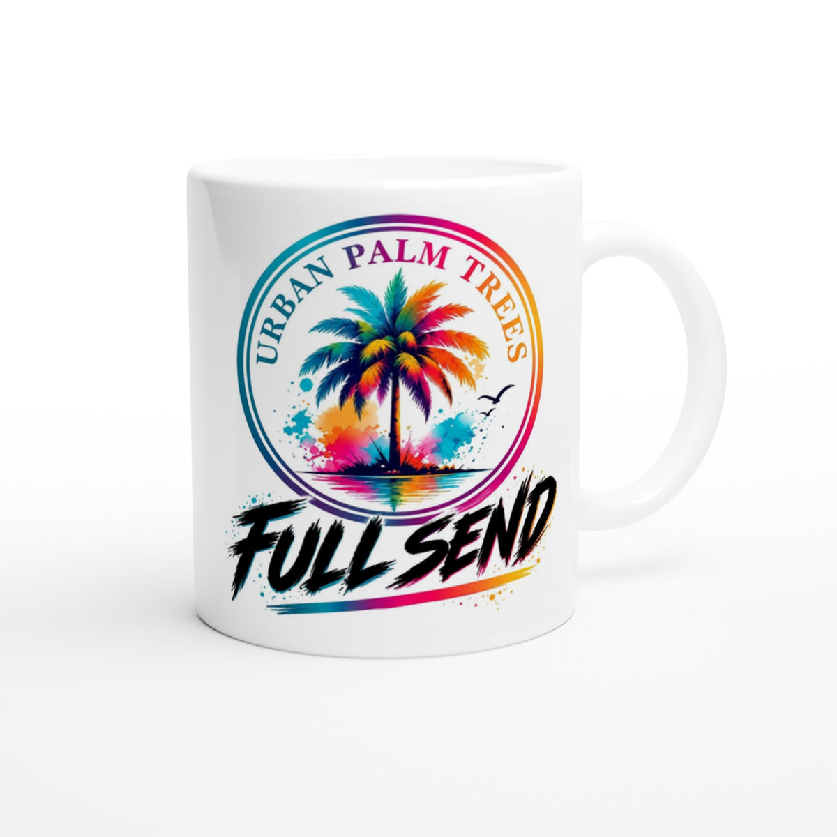 White mug featuring a colorful rainbow palm tree graphic inside a circle with "Urban Palm Trees" text and "Full Send" written below in black brush strokes.