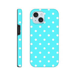Turquoise & white polka dot tough iPhone case featuring a retro glossy finish and shock-absorbing TPU chassis for drop protection.