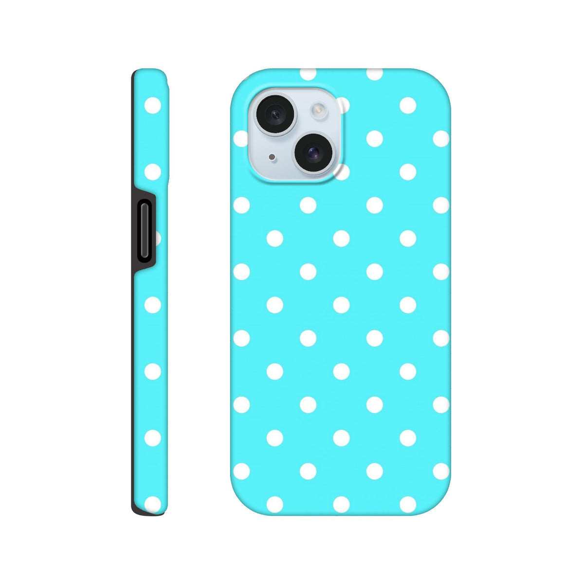 Turquoise & white polka dot tough iPhone case featuring a retro glossy finish and shock-absorbing TPU chassis for drop protection.