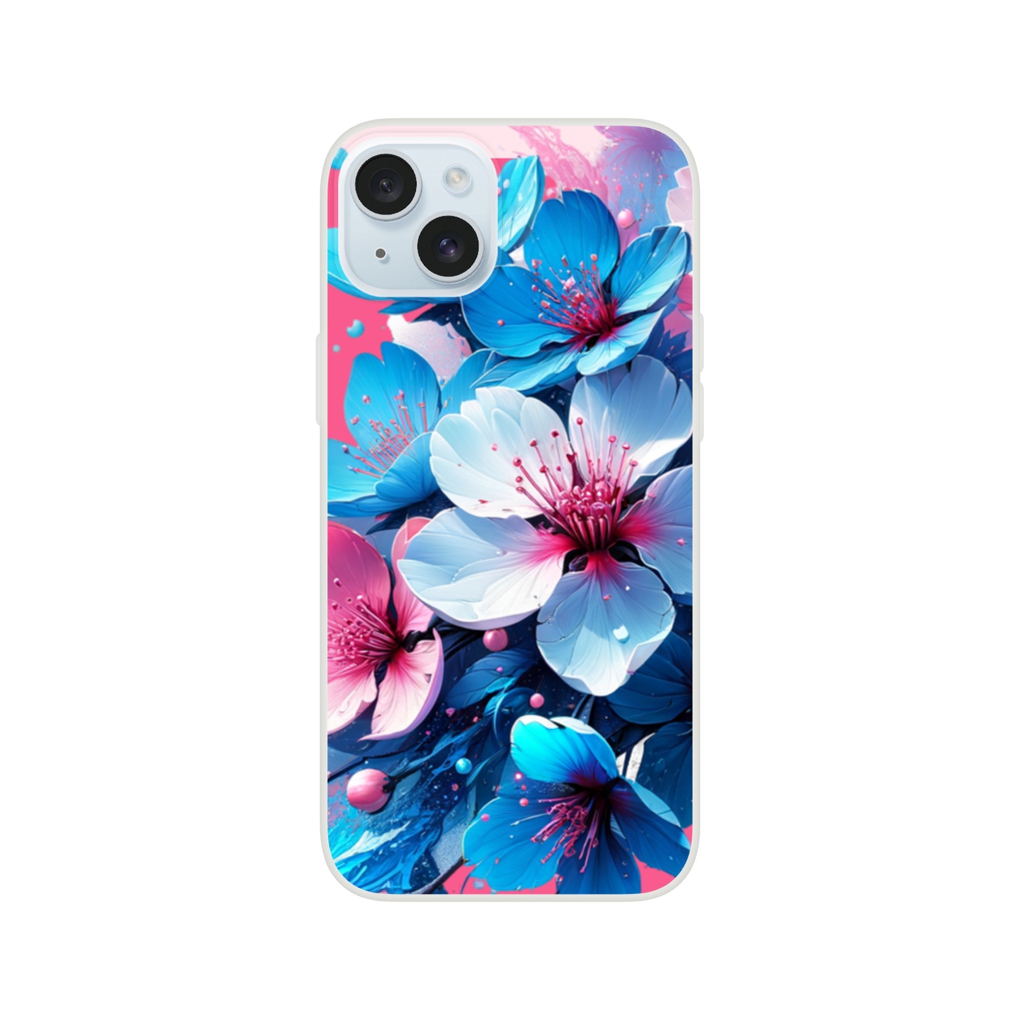 Blossom Floral iPhone case with pastel blue and pink flowers; slim TPU protective cover for iPhone 16, 15, 14, 13