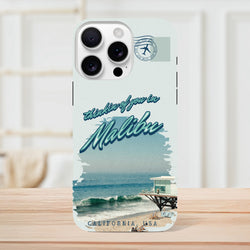Retro style iPhone case featuring vintage Malibu beach graphic, ocean waves, pier, and "thinkin of you in Malibu" text.