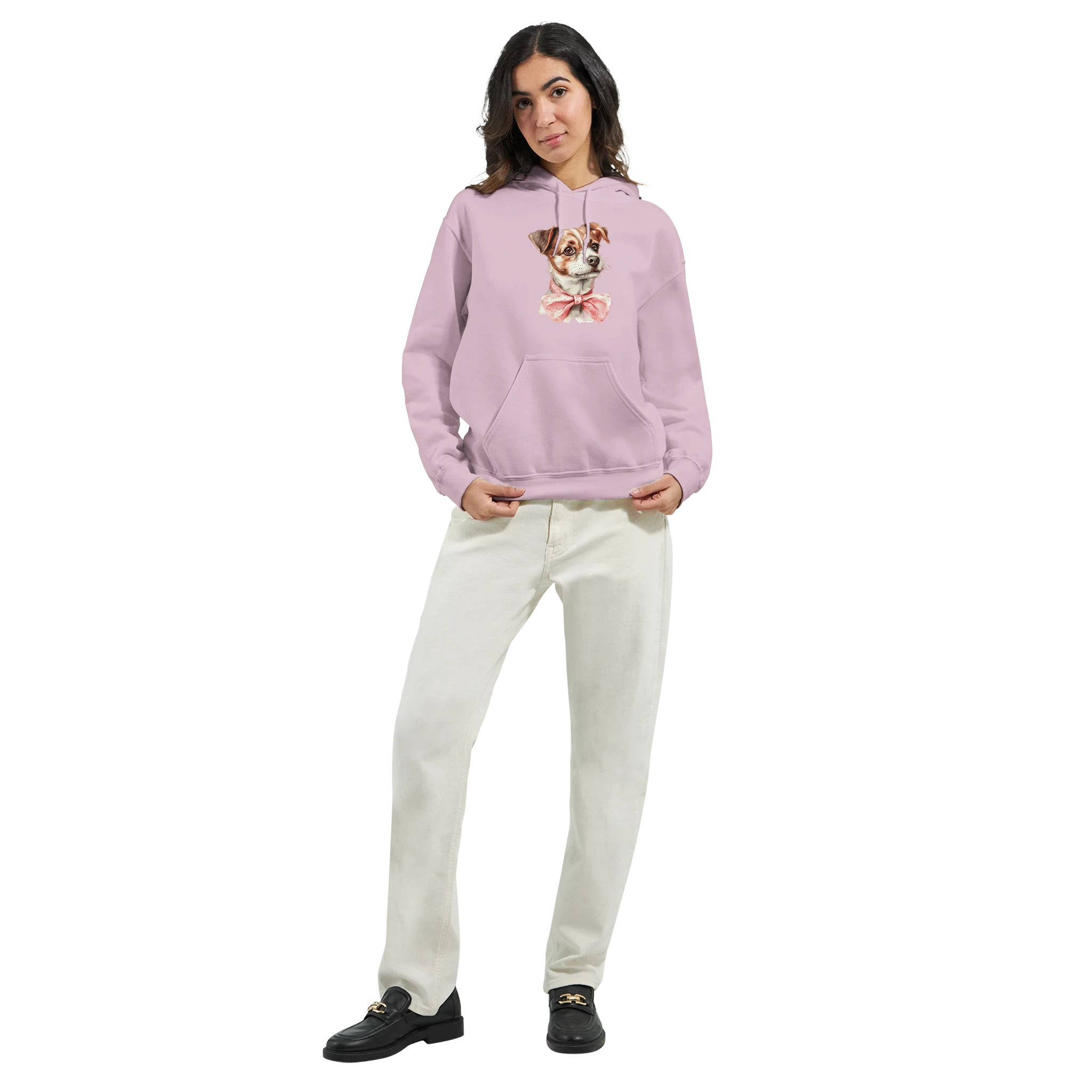 Lilac women's graphic hoodie with a cute dog illustration, soft cotton blend, front pouch pocket.