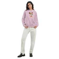 Lilac women's graphic hoodie with a cute dog illustration, soft cotton blend, front pouch pocket.