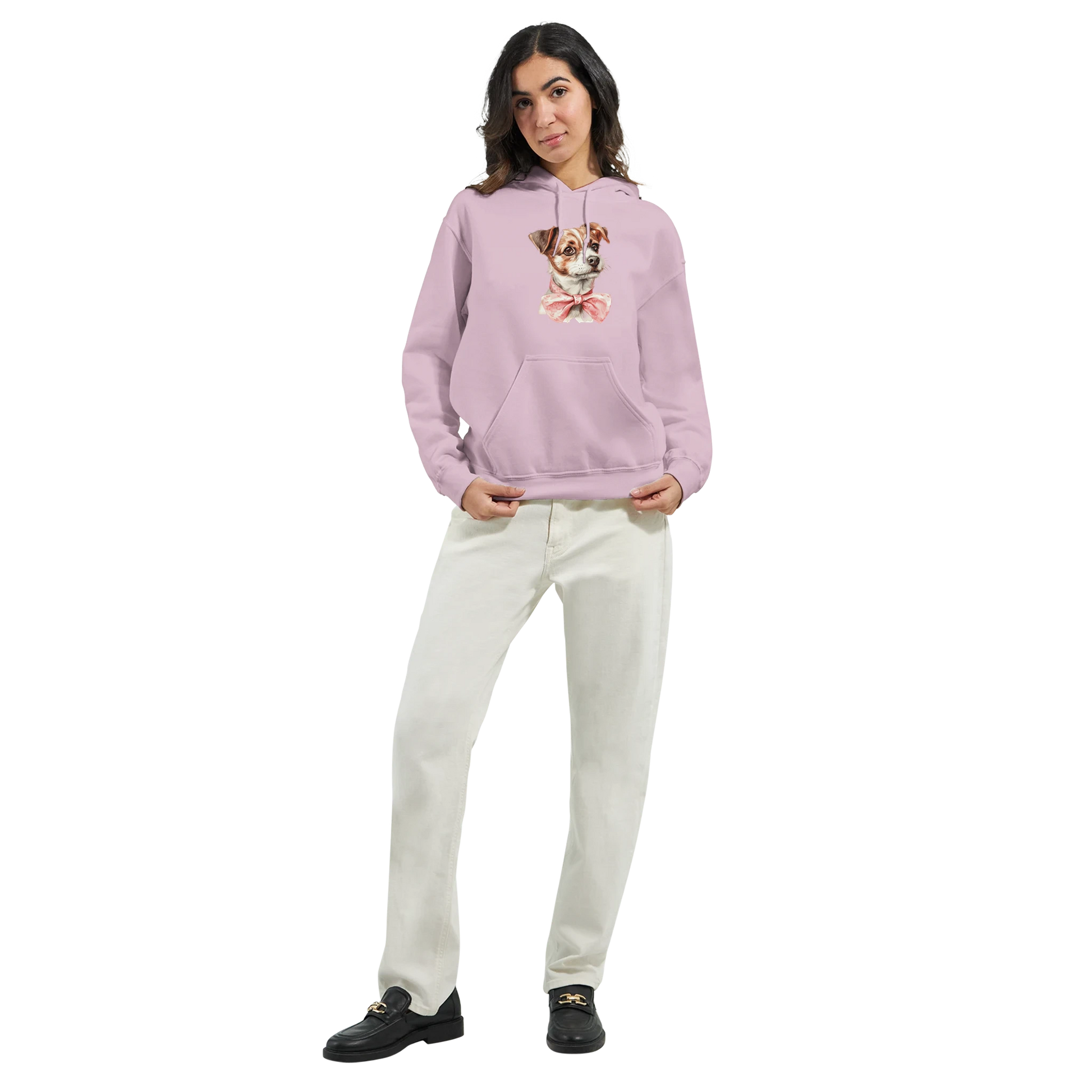 Lilac women's graphic hoodie with a cute dog illustration, soft cotton blend, front pouch pocket.