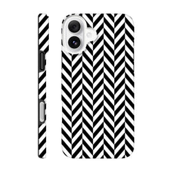 Black and white herringbone geometric iPhone case with sharp zigzag pattern, dual-layer protective shell, and precise cutouts for buttons and camera.