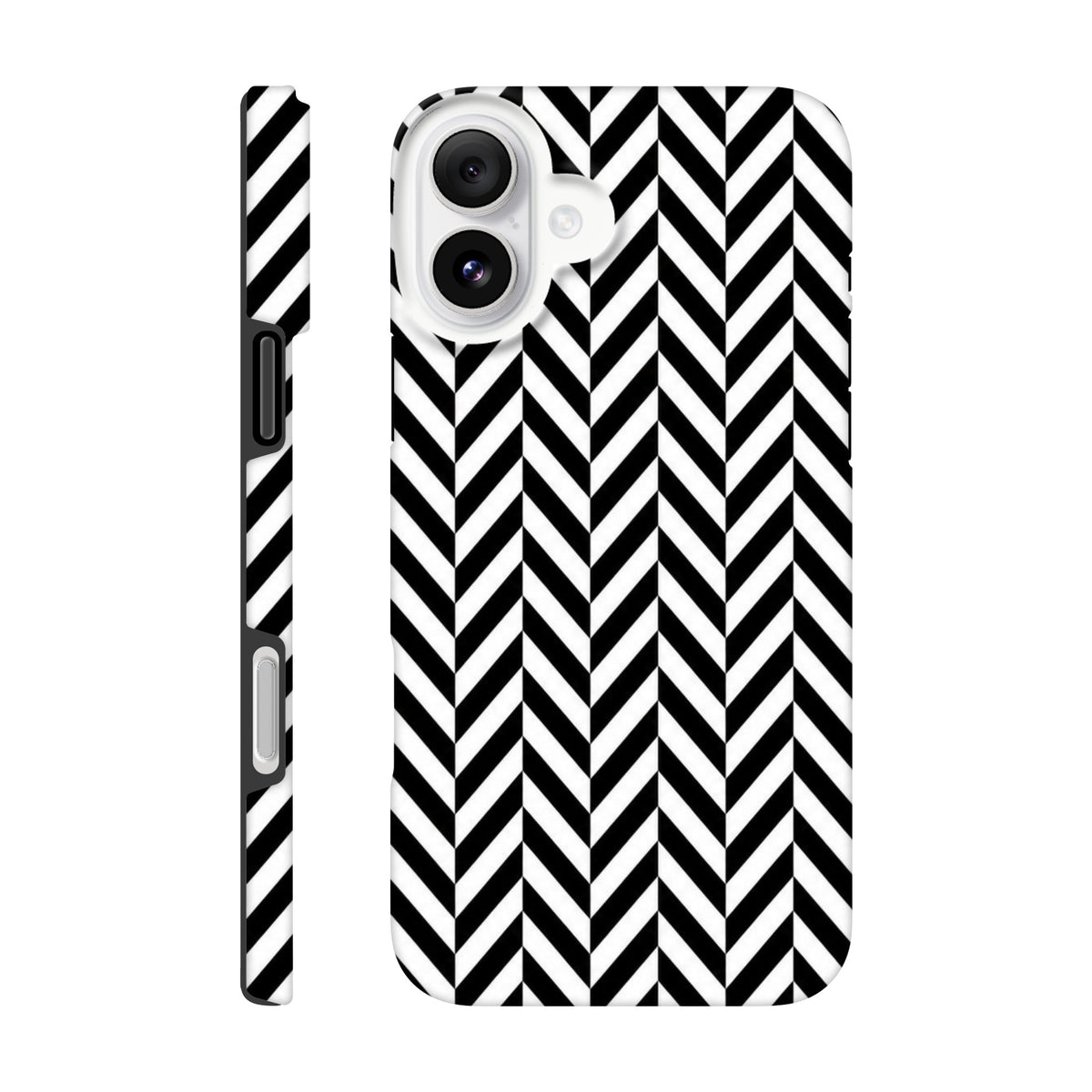 Black and white herringbone geometric iPhone case with sharp zigzag pattern, dual-layer protective shell, and precise cutouts for buttons and camera.