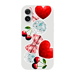 Transparent iPhone case with Y2K sticker design featuring red hearts, cherries, pink bows, and disco balls for a glossy, club-ready aesthetic.