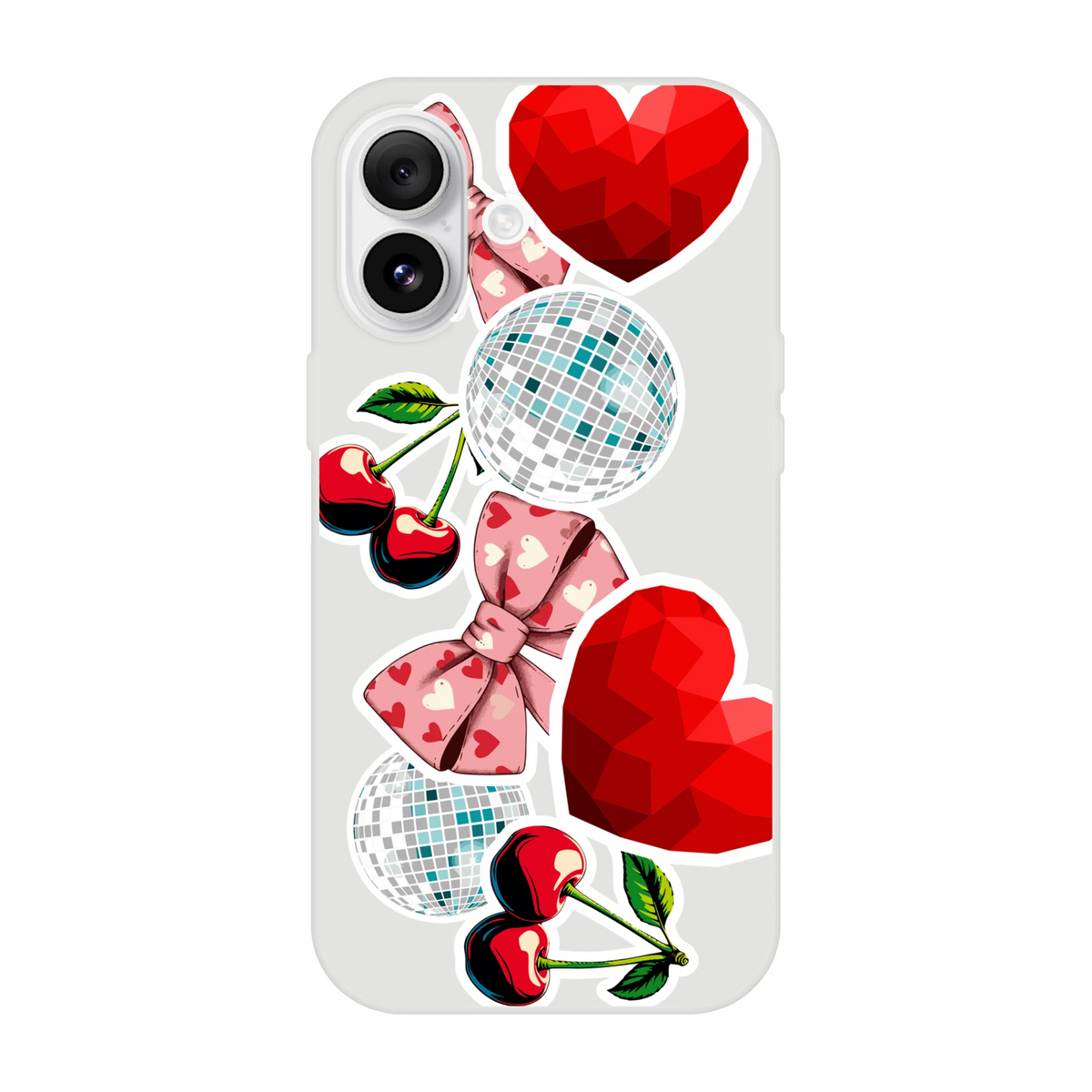 Transparent iPhone case with Y2K sticker design featuring red hearts, cherries, pink bows, and disco balls for a glossy, club-ready aesthetic.