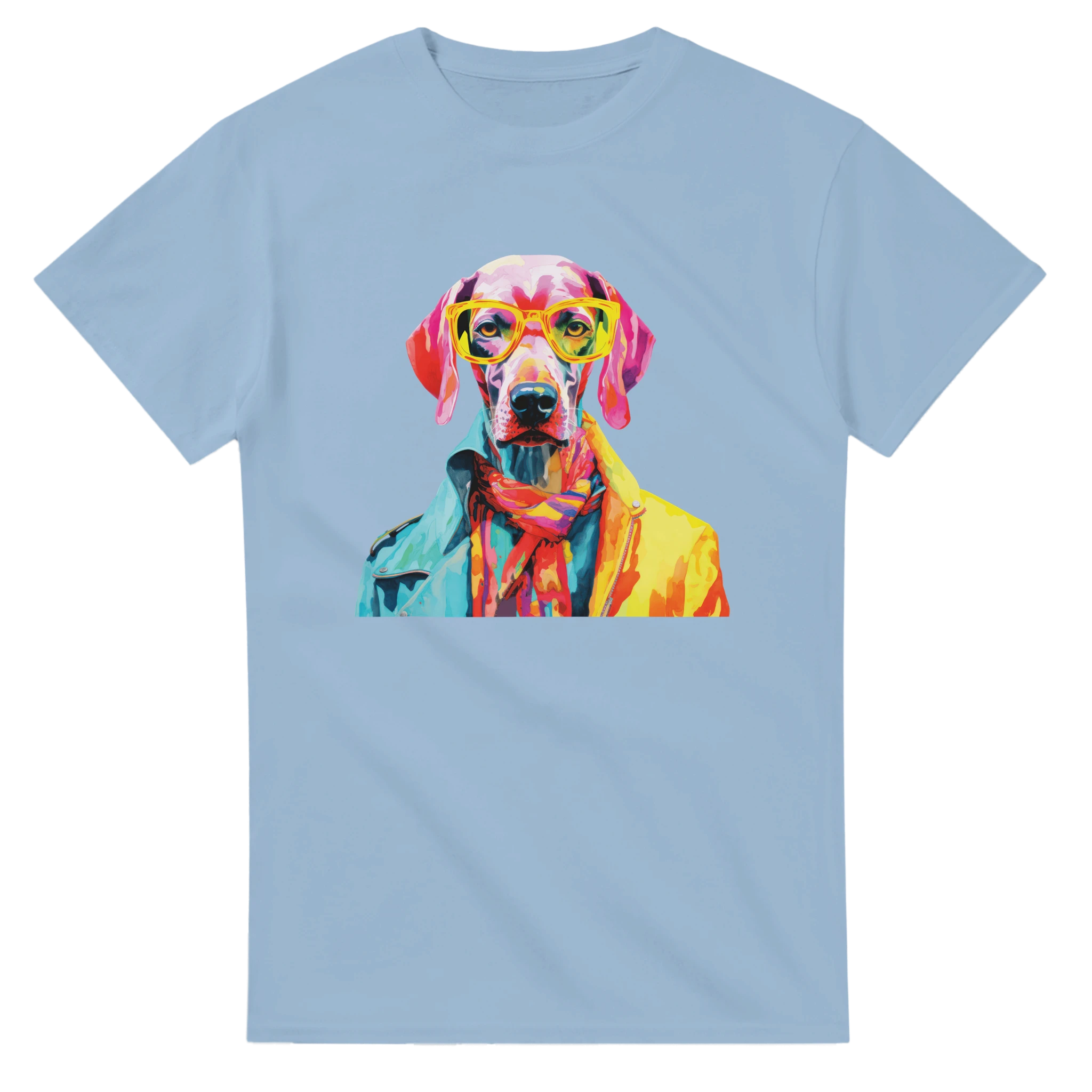 Gent Dog T-Shirt Women's Graphic Tee: vibrant dog graphic with yellow glasses and scarf on light blue soft cotton tee.