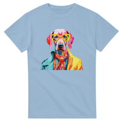 Gent Dog T-Shirt Women's Graphic Tee: vibrant dog graphic with yellow glasses and scarf on light blue soft cotton tee.