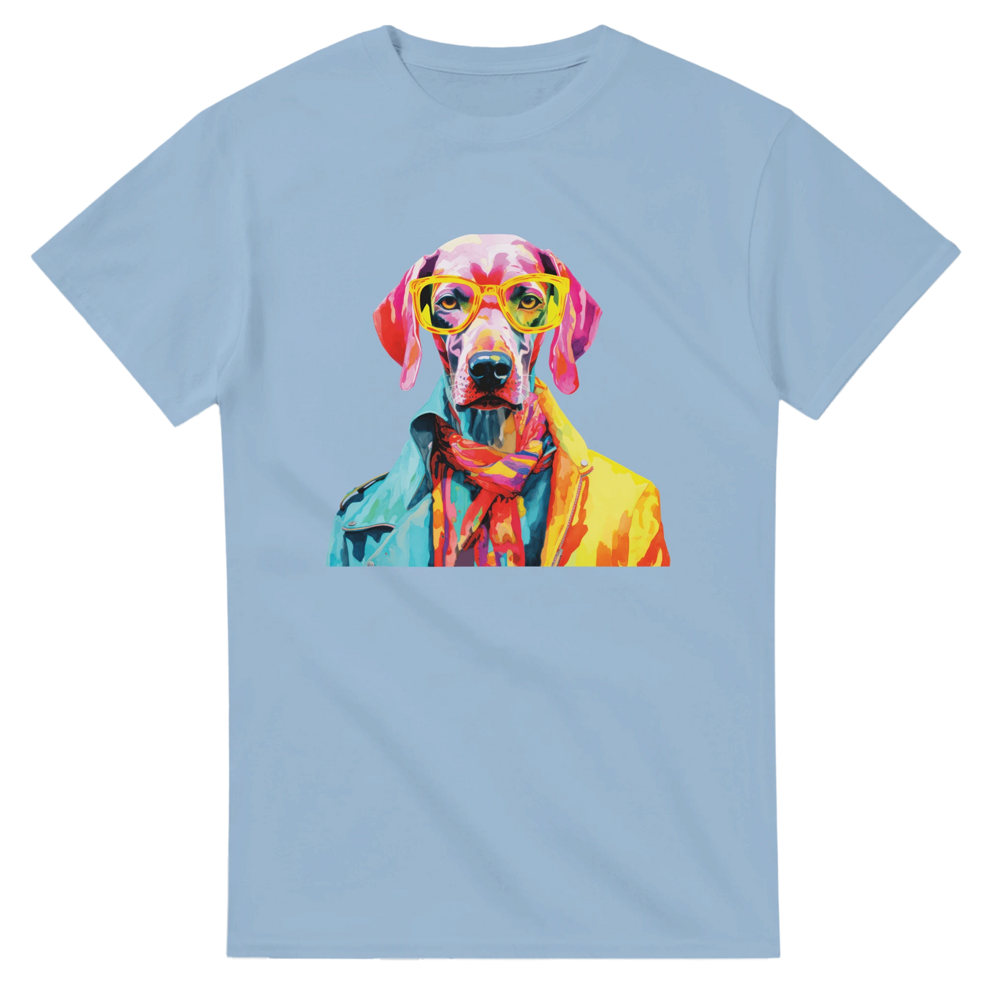Gent Dog T-Shirt Women's Graphic Tee: vibrant dog graphic with yellow glasses and scarf on light blue soft cotton tee.