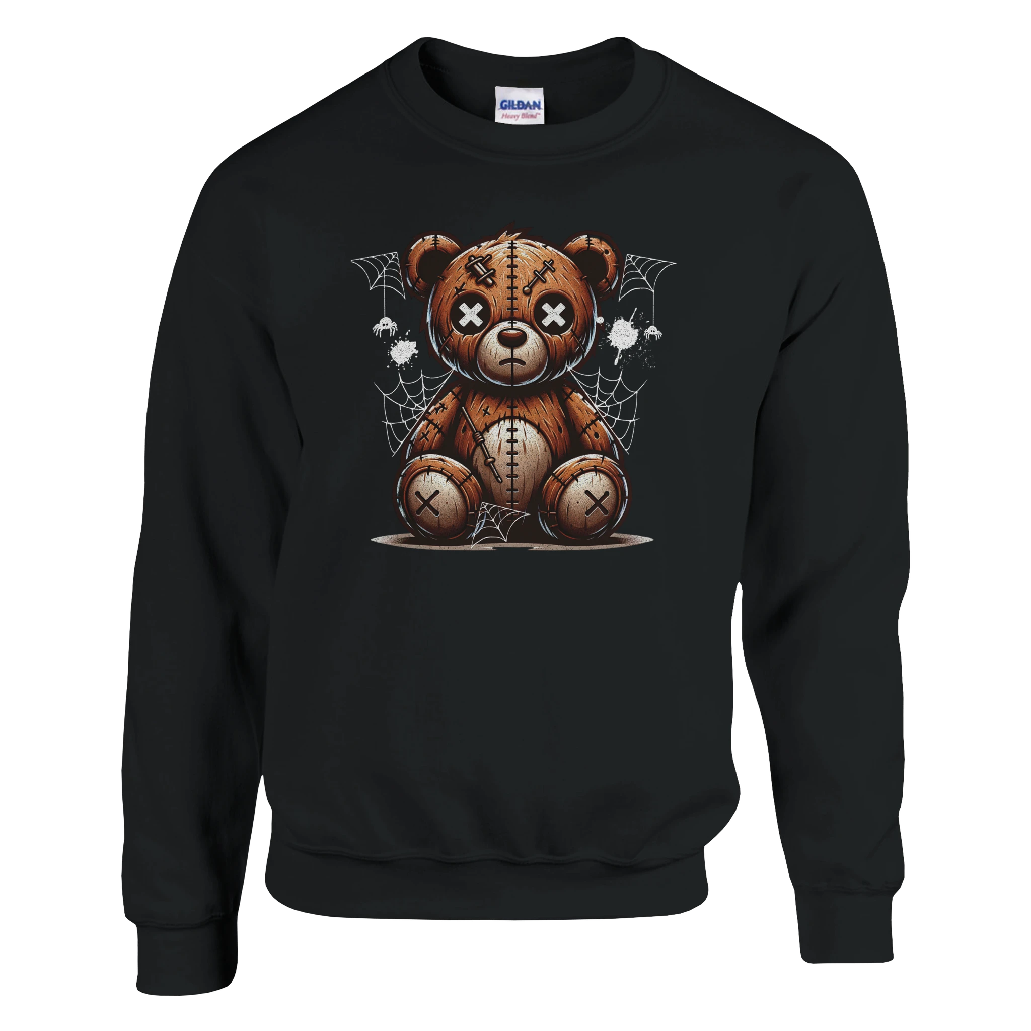 Stressed Teddy Bear Men's Graphic Sweatshirt in black featuring a stitched patchwork bear with X eyes and spider webs.
