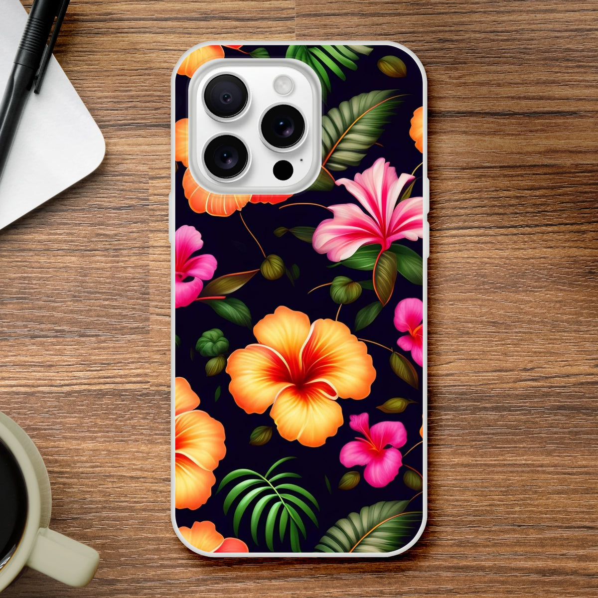 Tropical Floral iPhone Case 13-16 Hibiscus Botanical Cover with hibiscus and green leaves on a slim matte shell.