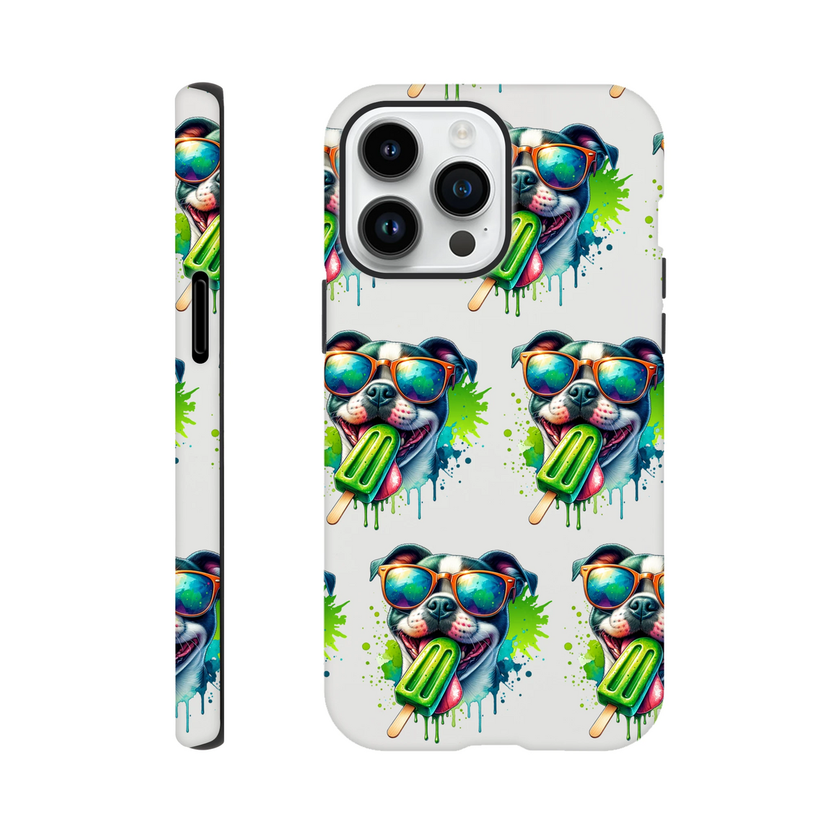 Chill Dog tough protective case iPhone 16/15/14/13 with wraparound print of sunglasses-wearing dog and green popsicle.
