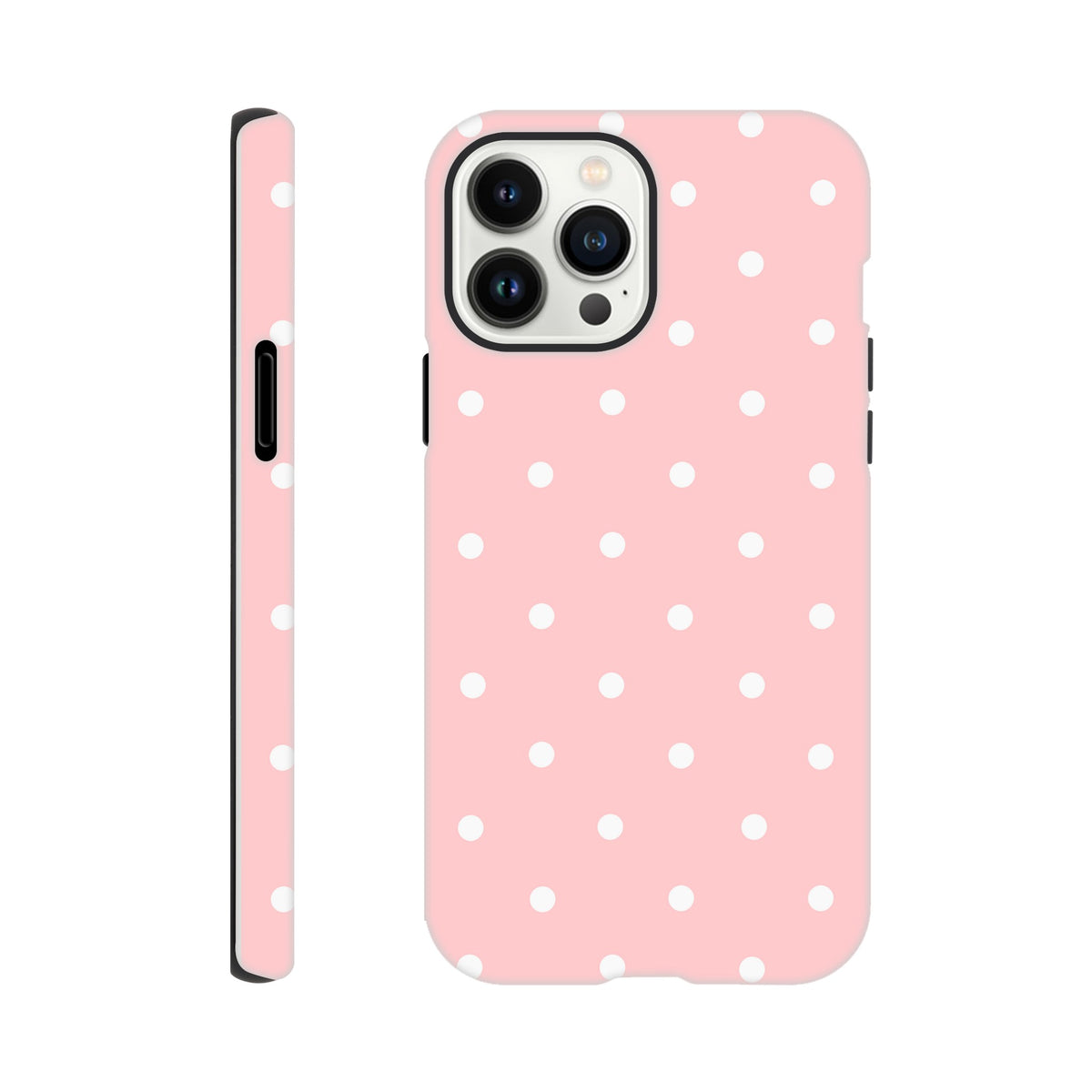 Pastel pink and white polka dot tough iPhone case featuring shock-absorbing TPU and dual-layer frame protection for accidental drops.