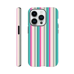 Retro pink and aqua vertical stripe tough iPhone case with vintage aesthetic and durable protection for daily carry.