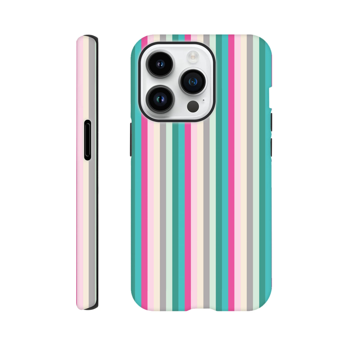 Retro pink and aqua vertical stripe tough iPhone case with vintage aesthetic and durable protection for daily carry.