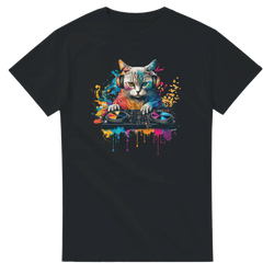 Black men's graphic tee featuring a colorful cat DJ with headphones and混音台, surrounded by vibrant neon paint splashes for streetwear music fans.