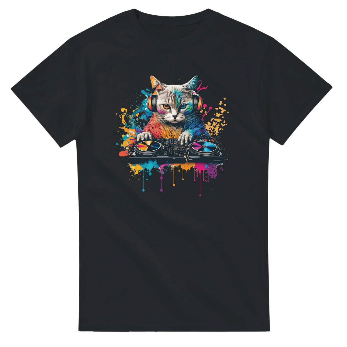 Black men's graphic tee featuring a colorful cat DJ with headphones and混音台, surrounded by vibrant neon paint splashes for streetwear music fans.
