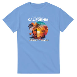 Blue women's graphic T-shirt with California Beach Paradise design featuring palm trees and a sunset circle.