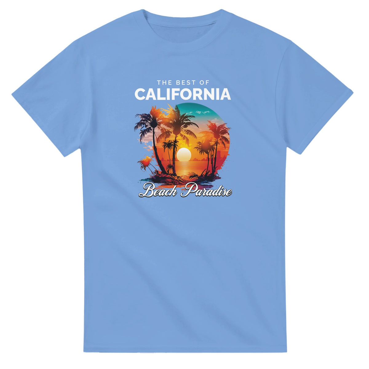 Blue women's graphic T-shirt with California Beach Paradise design featuring palm trees and a sunset circle.