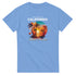 Blue women's graphic T-shirt with California Beach Paradise design featuring palm trees and a sunset circle.