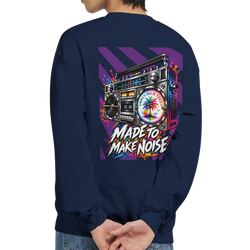 Navy men's sweatshirt back print featuring a colorful retro boombox with palm tree graphic and "Made To Make Noise" text.