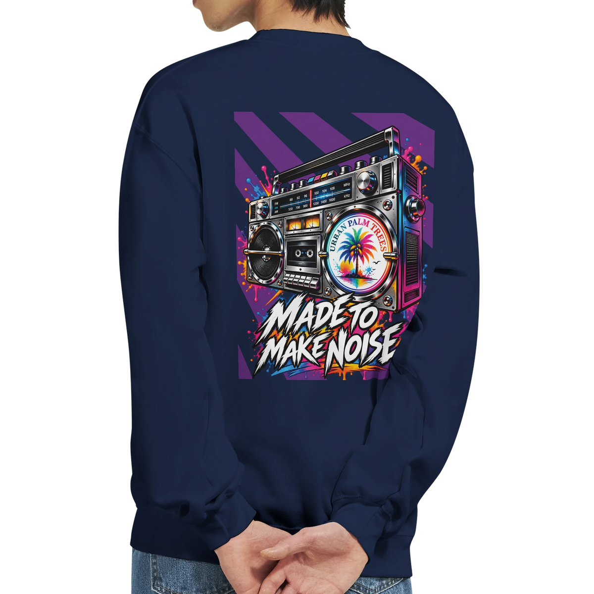 Navy men's sweatshirt back print featuring a colorful retro boombox with palm tree graphic and "Made To Make Noise" text.