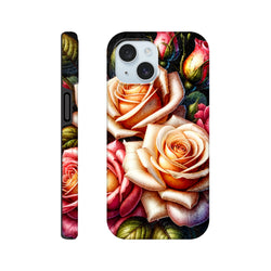 Romantic floral iPhone case featuring vibrant peach and pink roses with reinforced corners for impact protection.