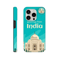 India Taj Mahal postcard iPhone case 13-16, turquoise wraparound travel cover with Taj Mahal illustration