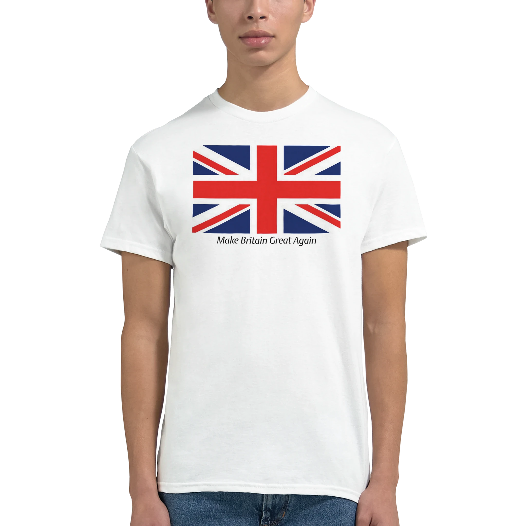 White men's graphic T-shirt with Union Jack flag and Make Britain Great Again slogan.