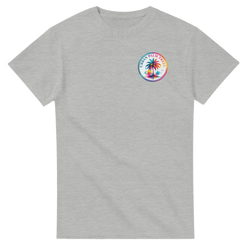 Grey heather crew neck t-shirt featuring a colorful circular Urban Palm Trees graphic on the left chest.