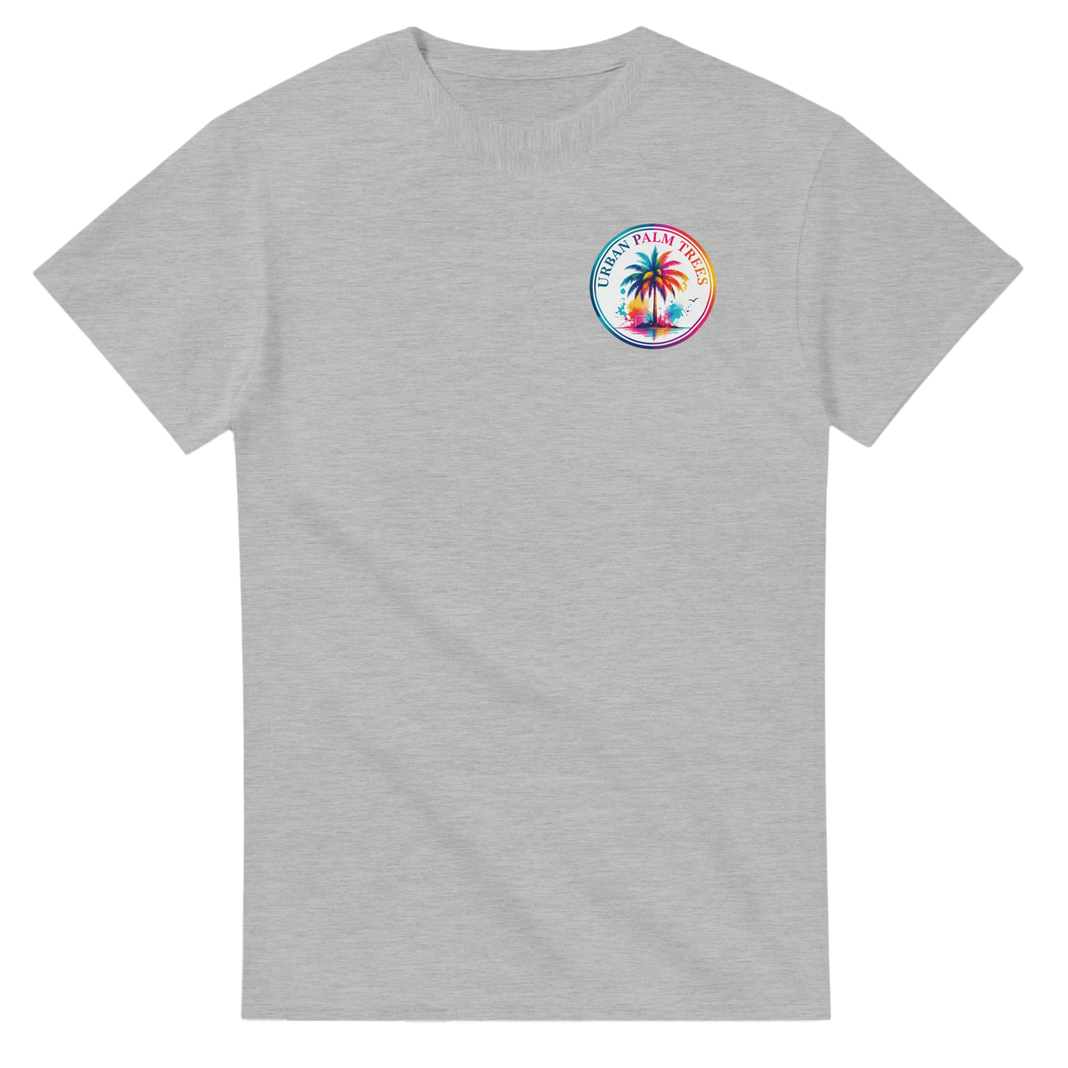 Grey heather crew neck t-shirt featuring a colorful circular Urban Palm Trees graphic on the left chest.