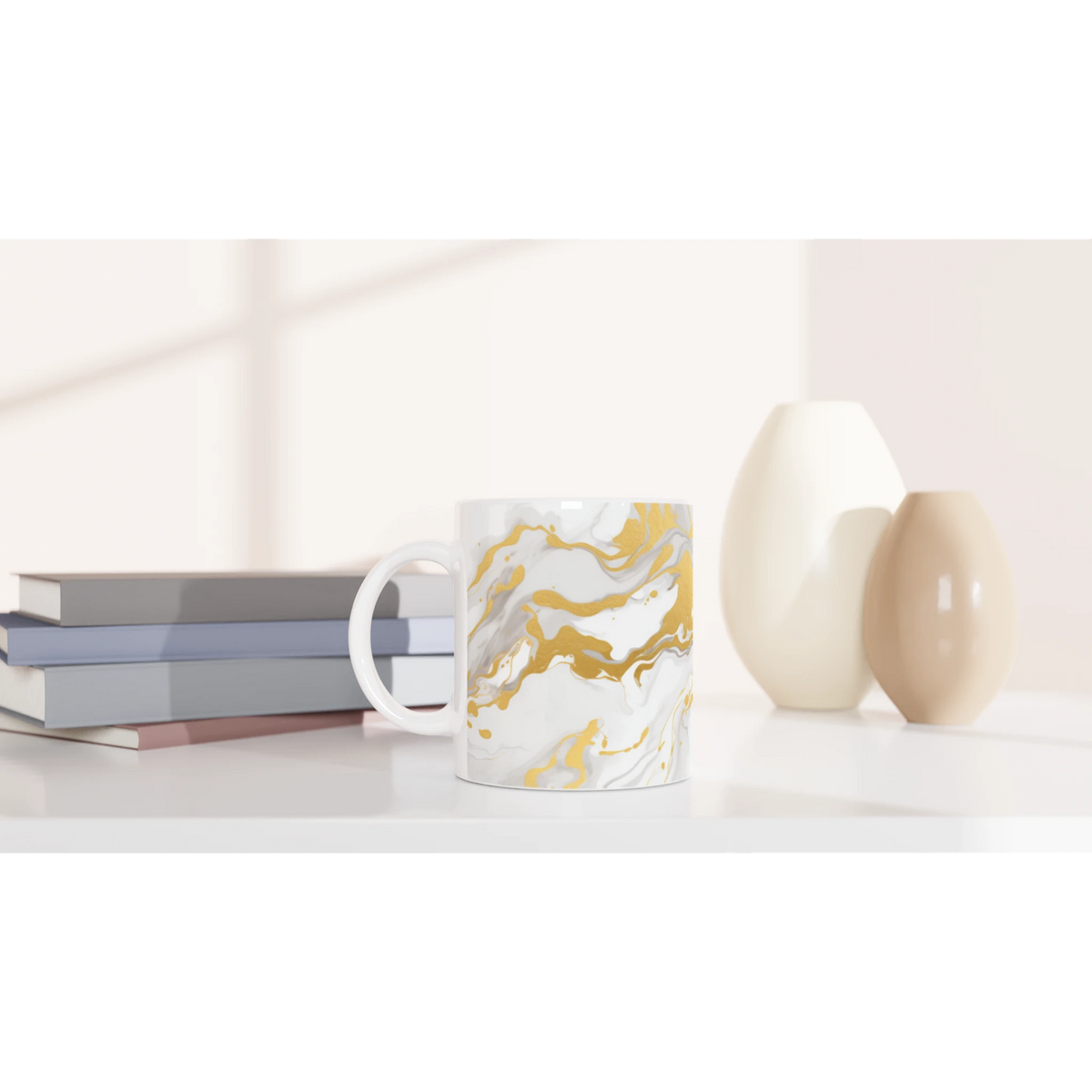 Gold & White Marble Mug with luxury abstract ceramic pattern on a desk.