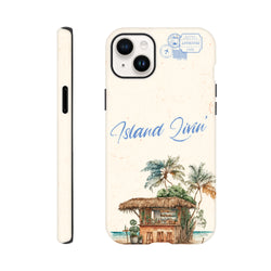 Island Livin' iPhone case featuring a tropical beach bar scene with palm trees and blue script text.