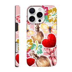 Pink sticker-effect iPhone case featuring butterfly, floral, perfume bottle, and red heart graphics in a bold streetwear design.