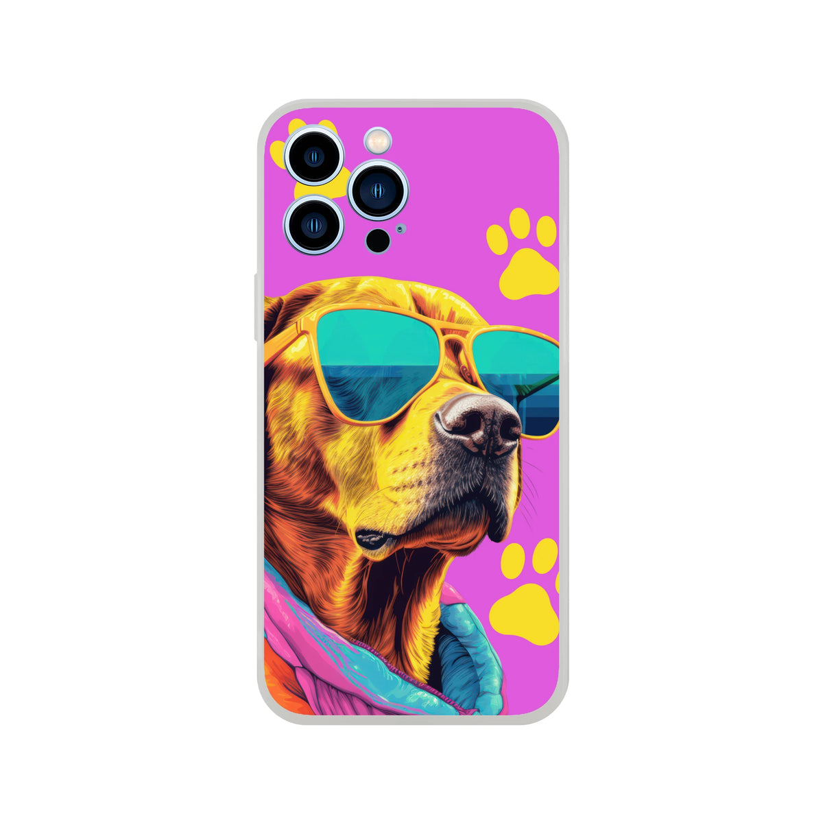 Trendy Dog iPhone Case (13-16) with purple background, sunglasses-wearing dog and yellow paw prints.
