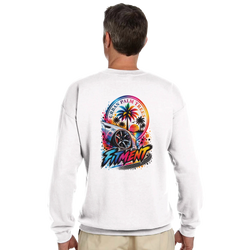 White crew neck sweatshirt featuring a colorful back print of a modified car, palm trees, and "Fitment" text.