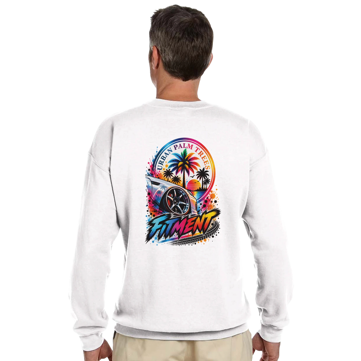White crew neck sweatshirt featuring a colorful back print of a modified car, palm trees, and "Fitment" text.