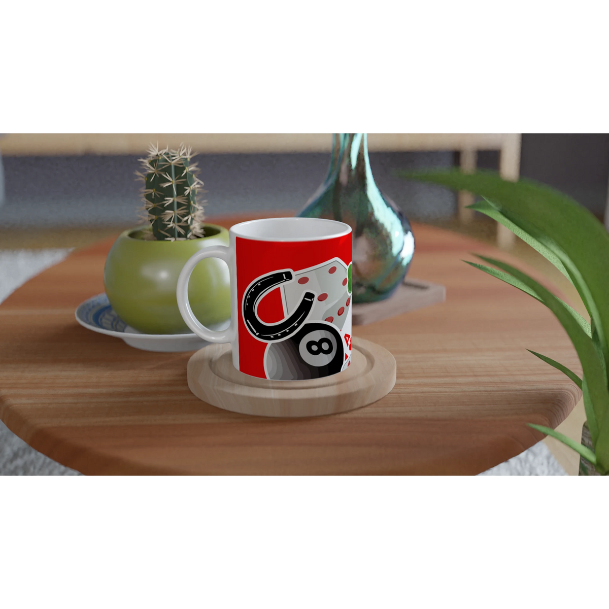 Red ceramic mug featuring lucky casino design with 8 ball, horseshoe, and playing cards on wooden coaster.
