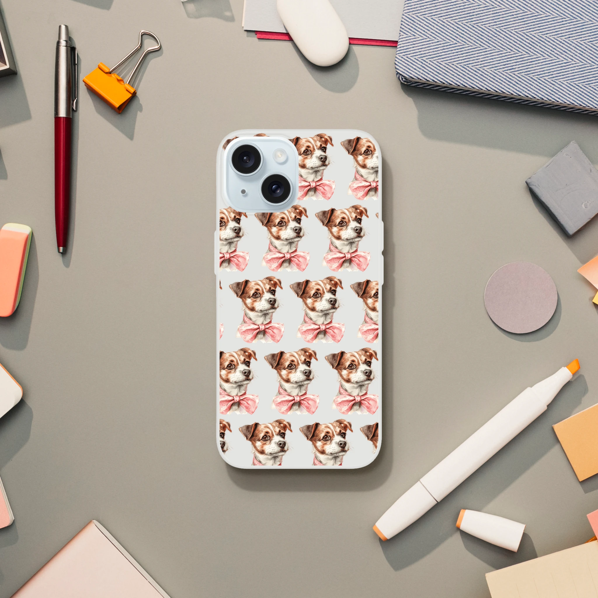 Slim iPhone case with cute dog print and pink bow, transparent flexible protective cover for iPhone 13-16