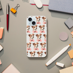 Slim iPhone case with cute dog print and pink bow, transparent flexible protective cover for iPhone 13-16