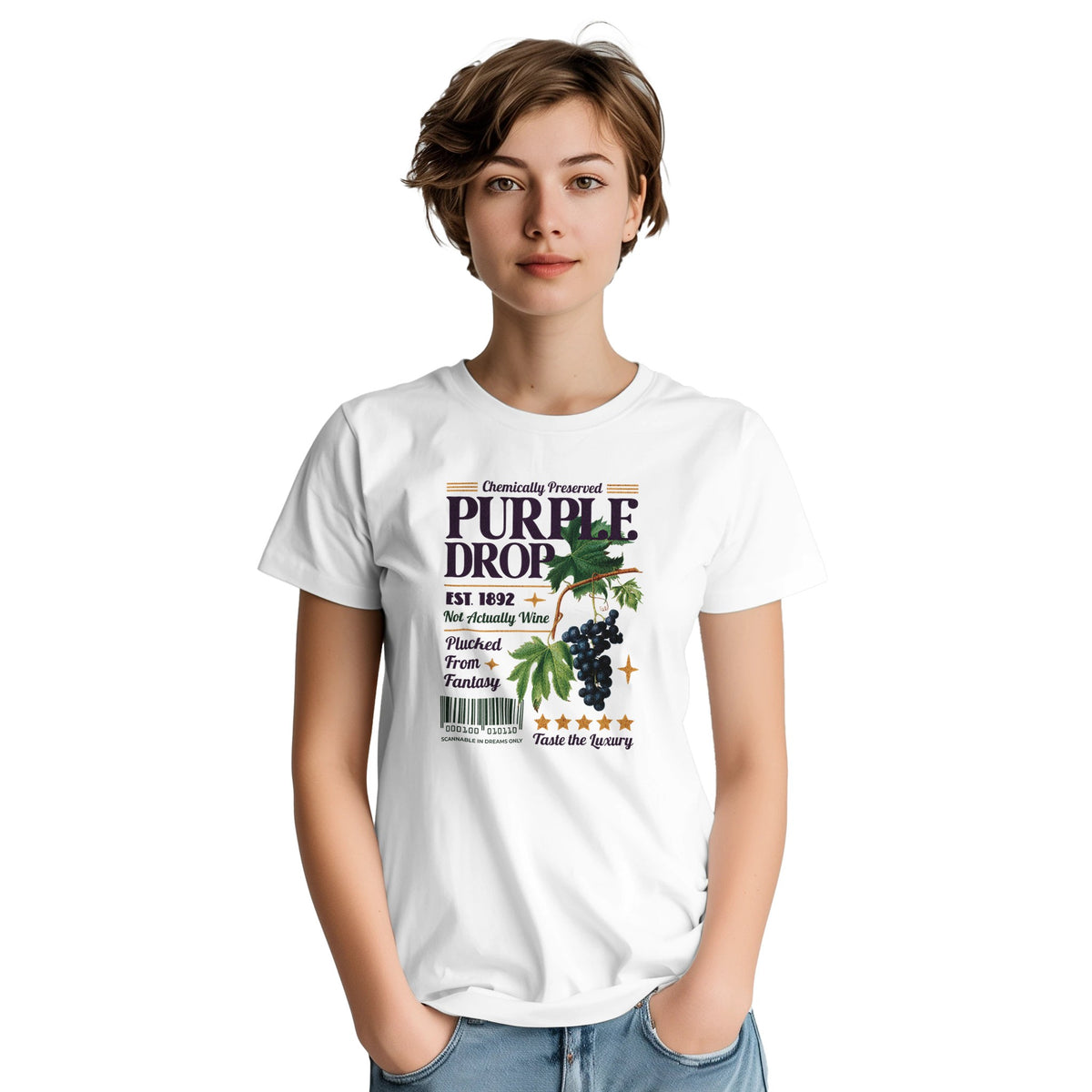 White cotton-blend Grapes graphic tee on a model, featuring a playful grape illustration and vintage label design.