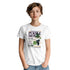 White cotton-blend Grapes graphic tee on a model, featuring a playful grape illustration and vintage label design.