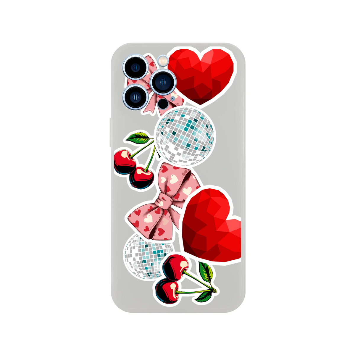 Transparent iPhone case with Y2K sticker art featuring glossy cherries, pink bows, disco balls, and red faceted hearts.