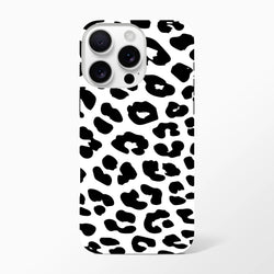 Black and white snow leopard print tough iPhone case. Shock-absorbing animal print phone cover for models 13-16.