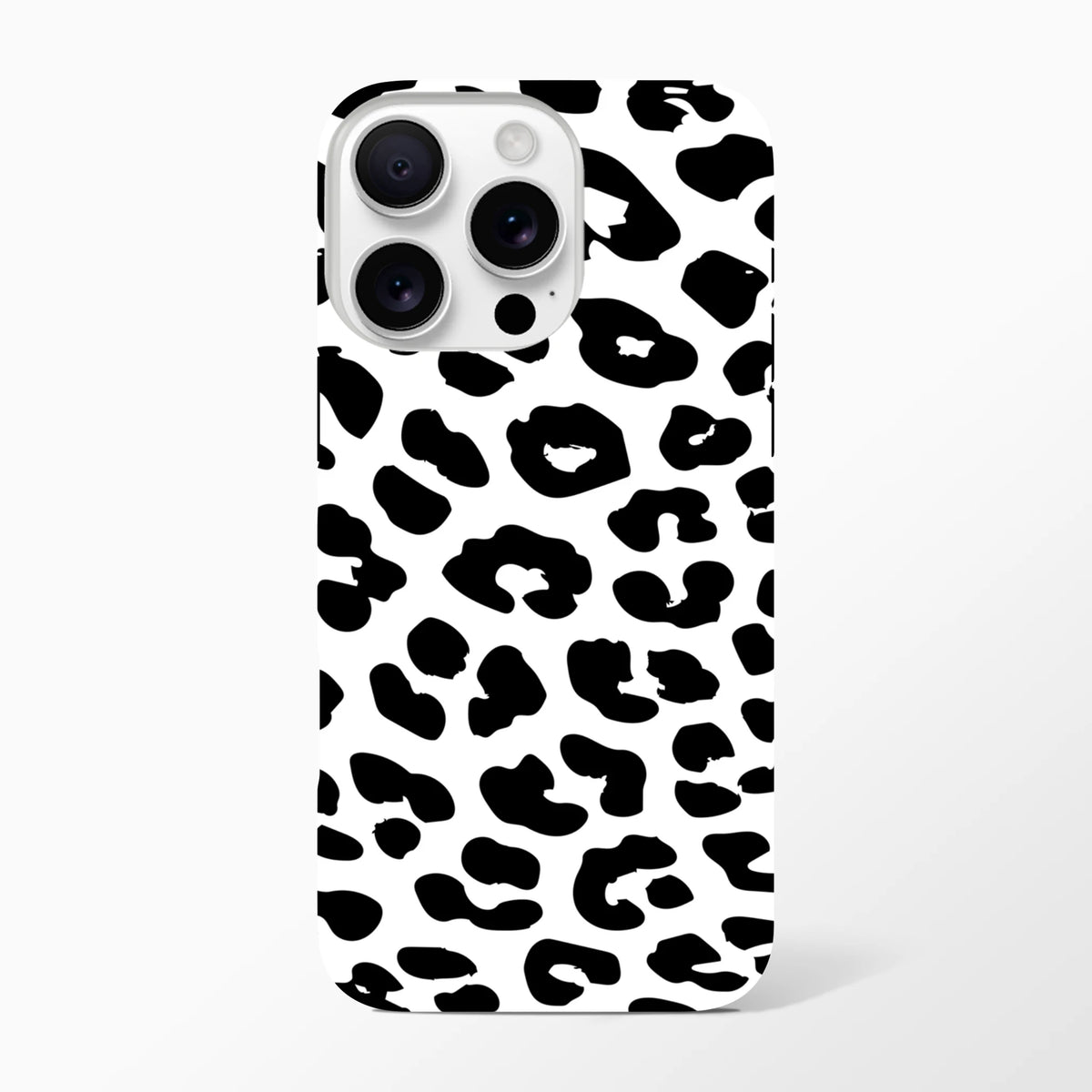 Black and white snow leopard print tough iPhone case. Shock-absorbing animal print phone cover for models 13-16.