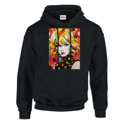 Black pullover hoodie featuring a bold retro blonde pop art woman graphic with vibrant colors and polka dots.